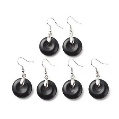 Natural Obsidian Donut Dangle Earrings
