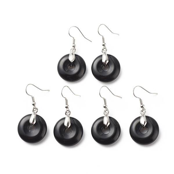 Natural Obsidian Donut Dangle Earrings