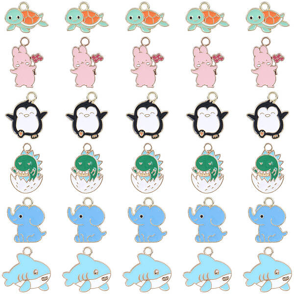 30Pcs 6 Styles Alloy Enamel Pendants