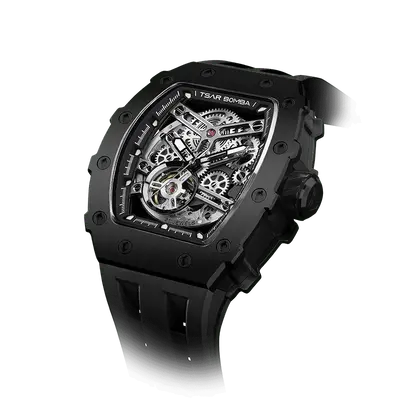 TSAR BOMBA Men's Automatic Watch | Black | Stainless Steel Case | Japanese Mechanical Skeleton Movement | Luxury Sport Wristw...