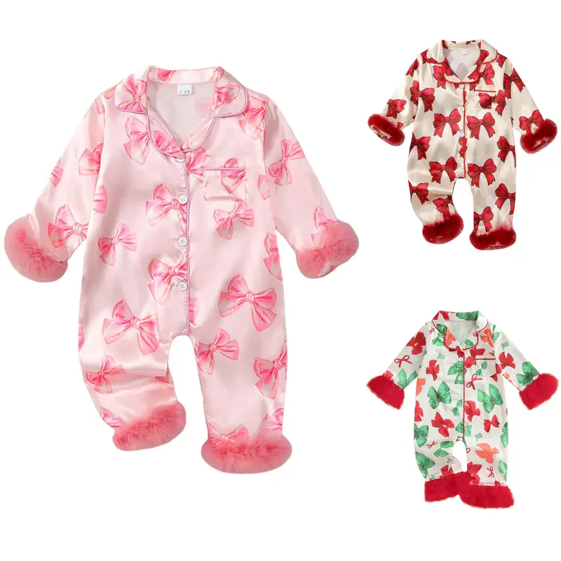 Newborn Baby Girl Pajamas Long Sleeve Feather Trim Romper  Jumpsuit Button Down Nightgown Infant Silk Pjs Baby Sleepwear
