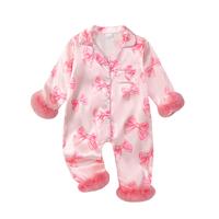 Newborn Baby Girl Pajamas Long Sleeve Feather Trim Romper  Jumpsuit Button Down Nightgown Infant Silk Pjs Baby Sleepwear