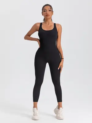 Women's Plain Textured Ribbed Square Neck Sports Jumpsuit, Casual Solid Color Sleeveless One Piece Workout Unitard for Yoga G...