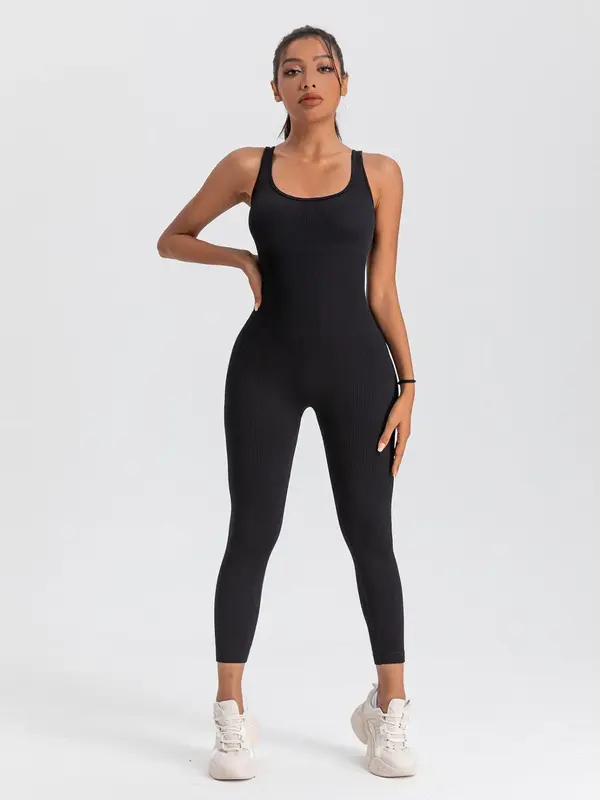 Women's Plain Textured Ribbed Square Neck Sports Jumpsuit, Casual Solid Color Sleeveless One Piece Workout Unitard for Yoga G...