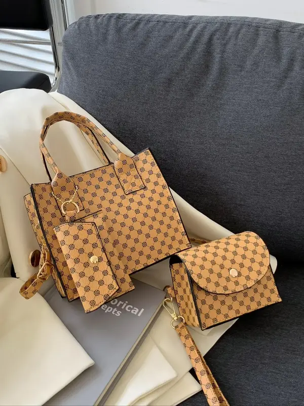 3pcs All Over Print Pu Leather Texture Bag Set, Fashion Versatile Zipper Small Square Handbag with Small Bag Charm, Flip Buck...