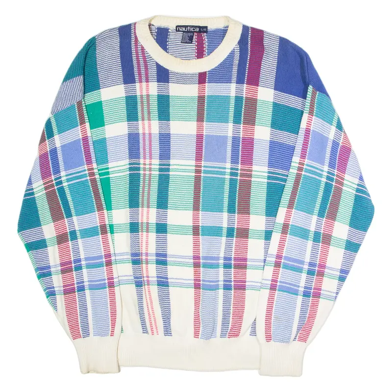 NAUTICA Mens Patterned Jumper Blue Plaid Crew Neck 90s Tight Knit L