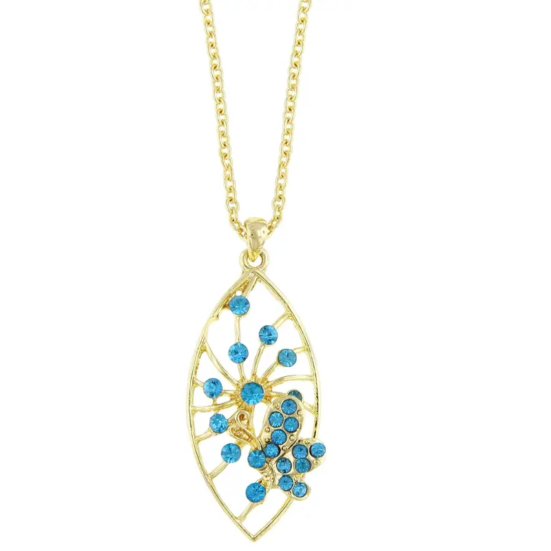 Gold-Tone Aqua Pave Butterfly Pendant Necklace 16\