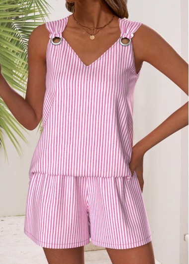 Modlily Pink Striped Sleeveless V Neck Tank Top - S