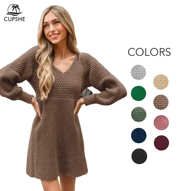 CUPSHE Women's Casual Sweater Dress VNeck Honeycomb Long Sleeve Textured Knit Pullover Dresses Womenswear Fall Dress Early Au...