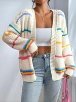 Women's Striped Print Open Front Cardigan, Casual Drop Shoulder Long Sleeve Pocket Cardigan for Fall, Knitting Top, Cardigans...