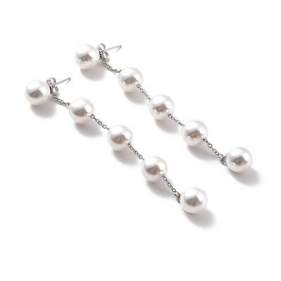 Round Plastic Pearl Beaded Long Chain Dangle Stud Earrings