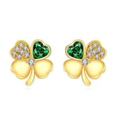 14K Gold Heart Cubic Zirconia Four Leaf Clover Stud Earrings For Women