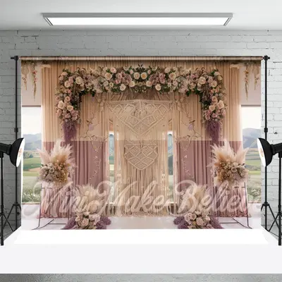 Purple Beige Curtain Floral Boho Photoshoot Backdrop - Aperturee