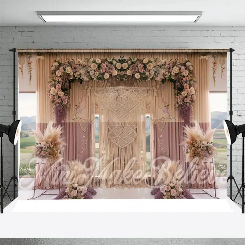 Purple Beige Curtain Floral Boho Photoshoot Backdrop - Aperturee