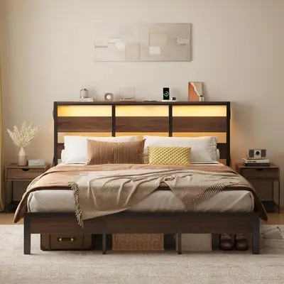 Pinmoco Bed Frame with Storage Headboard and Charging Station, Walnut Platform Bed Frame with LED Light, Non-Slip Metal Bed F...