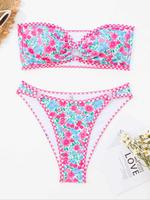 Two-piece Set Women's Ditsy Floral Print Bikini Set, Casual Fashion Chic Strapless Swim Top & Swim Bottom Swimsuit Set for Be...