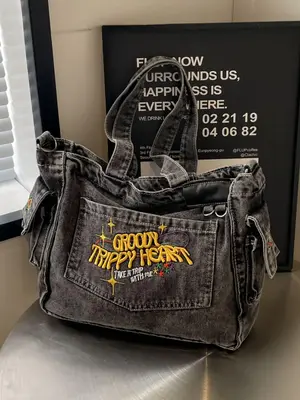 Women's Letter Pattern Embroidery Tote Bag, Casual Large Capacity Shoulder Bag for Daily, Trendy All-match Bag for Teen Girl,...