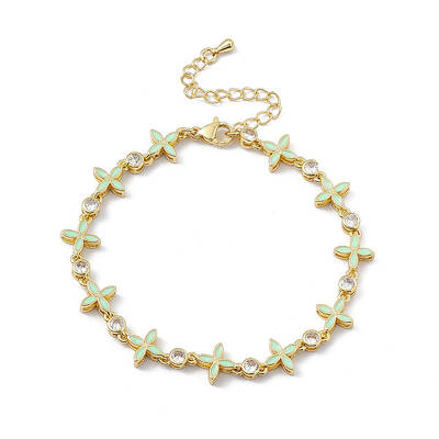 Pale Green Enamel Flower & Cubic Zirconia Link Chain Bracelet
