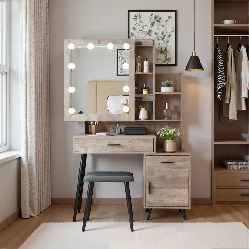 Vanity Set with Mirror and Lights, Makeup Vanity with Drawer & Storage Shelves, Cabinet, 3 Lighting Modes Adjustable Brightne...