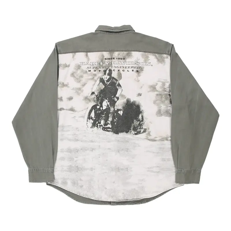 Harley Davidson Graphic Denim Shirt - XL Grey Cotton