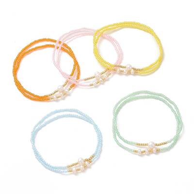2Pcs 2 Style Glass Seed & Natural Pearl Beaded Stretch Bracelets Set for Women