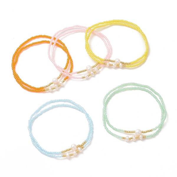 2Pcs 2 Style Glass Seed & Natural Pearl Beaded Stretch Bracelets Set for Women