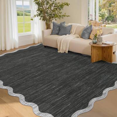 Garvee Scalloped Area Rug 4x6 - Washable Non-Slip Boho Border Rug for Living Room Bedroom Kitchen Nursery, Black, Neutral Far...