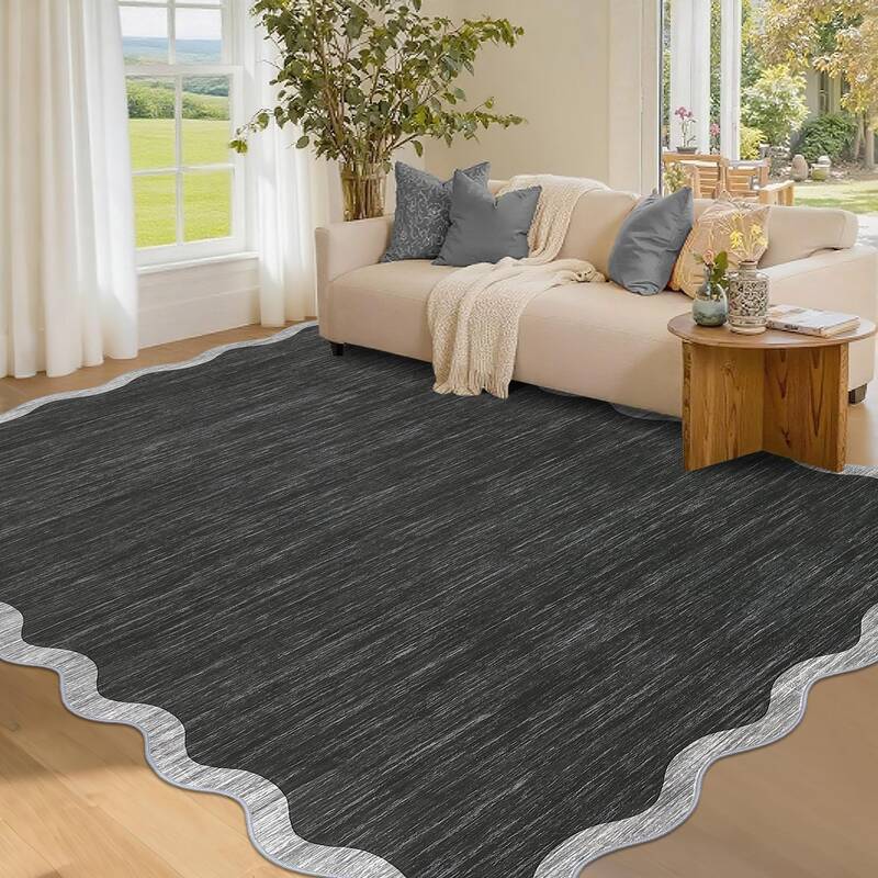 Garvee Scalloped Area Rug 4x6 - Washable Non-Slip Boho Border Rug for Living Room Bedroom Kitchen Nursery, Black, Neutral Far...