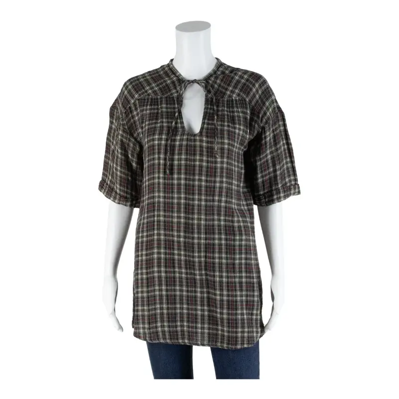 ZARA BASIC Tie-Neck Grey Check Short Sleeve Tunic Top Womens S