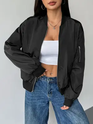 Women's Fall Winter Jacket Coat, Loose Casual Bomber Style, Collar Zipper Design, Long Sleeve Vintage Fashion Outerwear Top