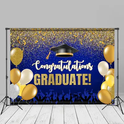 Gold Balloons Glitter Congrats Grad Photos Backdrop - Aperturee