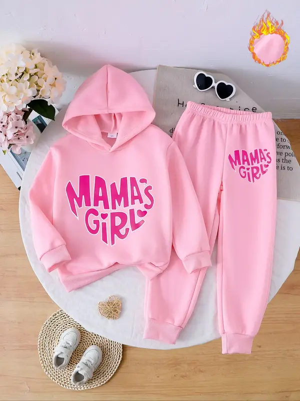 Autumn Winter Kids Hooded Sweatpants Set, Cute Cherry Letter Print, Fitted Casual Style, Thick Fabric, Perfect for Fall & Win...