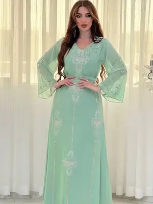 Muslim Women Fashion Chiffon Embroidered Evening Dress Gown, Elegant Long Robe for Special Occasions, Stylish Muslim Clothing