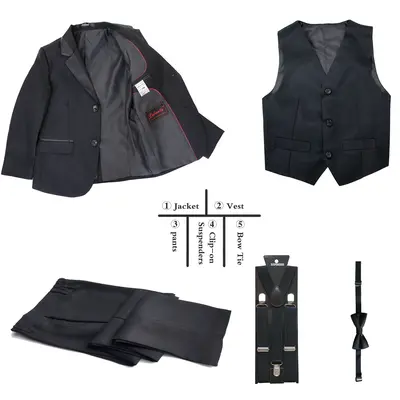 Kids Tuxedo Suits for Boys Ring Bearer Outfit 5 Piece Set Dress Clothes Formal Wear