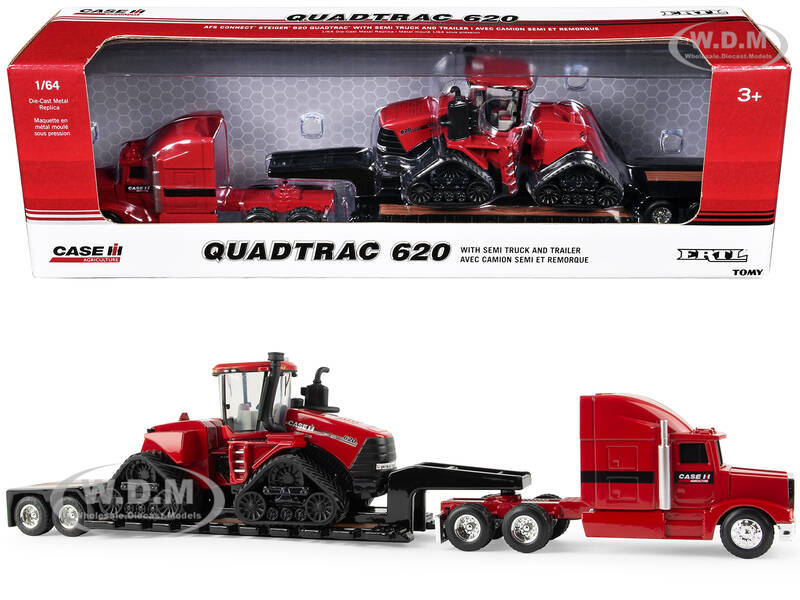 Semi Truck Red with Flatbed Trailer and Case IH Quadtrac 620 Tractor Red \