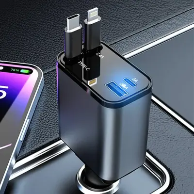 4 In 1 Digital Display Car Charger, Multifunctional Car Charger with USB Ports & Data Cable, Universal Car Charger for iPhone...
