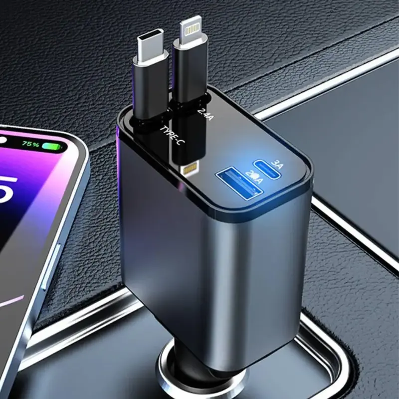4 In 1 Digital Display Car Charger, Multifunctional Car Charger with USB Ports & Data Cable, Universal Car Charger for iPhone...