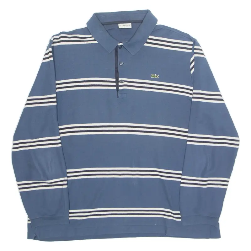 LACOSTE Mens Polo Shirt Blue Striped Long Sleeve L