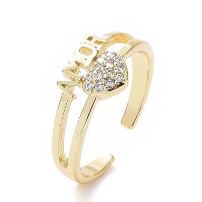 Clear Cubic Zirconia Heart with Word Amor Open Cuff Ring