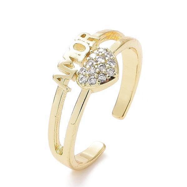 Clear Cubic Zirconia Heart with Word Amor Open Cuff Ring