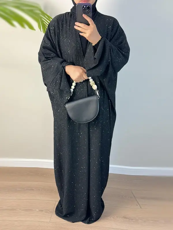 Women's Solid Glitter Open Front Abaya, Modest Casual Long Sleeve Dress for Daily Wear, Ladies Islamic Clothing for All Seaso...