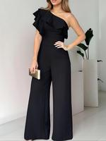 Women's Plain One Shoulder Ruffle Jumpsuit, Chic Elegant Fashion Casual Fit Jumpsuit for Daily Outdoor Wear, Women Jumpsuits ...