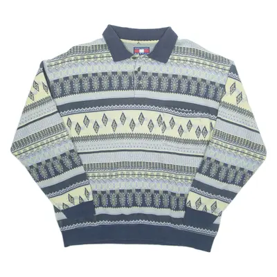 NICK TAYLOR Mens Polo Shirt Blue Fair Isle Long Sleeve L
