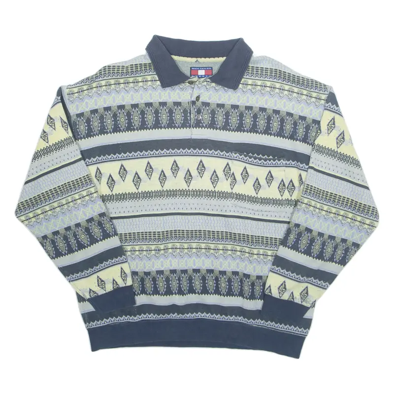 NICK TAYLOR Mens Polo Shirt Blue Fair Isle Long Sleeve L
