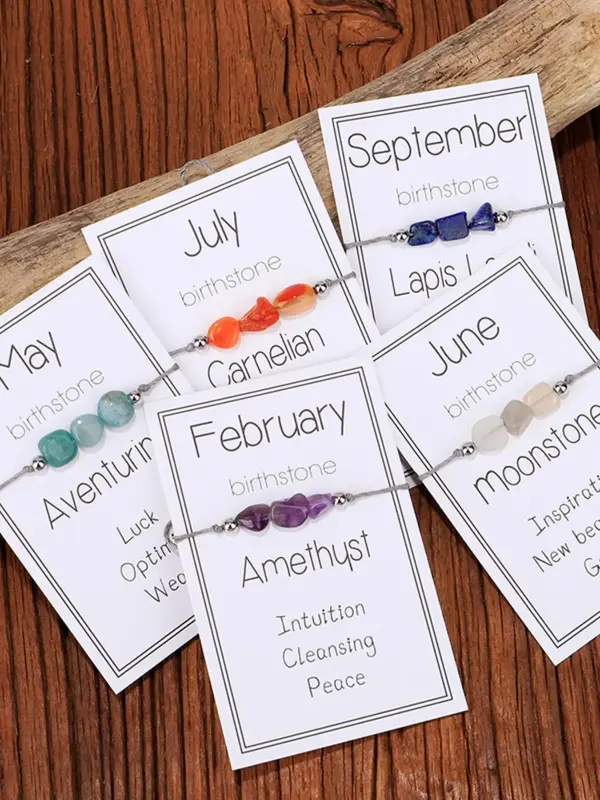 Summer Irregular Birthday Stone Decor Braided Bracelet with Card, Valentine's Day Gift, 12 Month Birthstone Bracelet, Boho St...