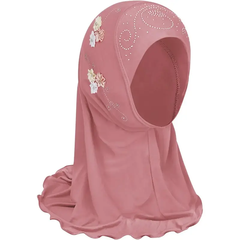Muslim Hijab Girls Hijab Scarfs Head Wrap Scarf, Islamic Scarf Shawls Lace Headscarf Cap, Plain Hijabs for Girls Age 2-6