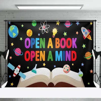 Open Book Open Mind Space World Book Day Backdrop - Aperturee