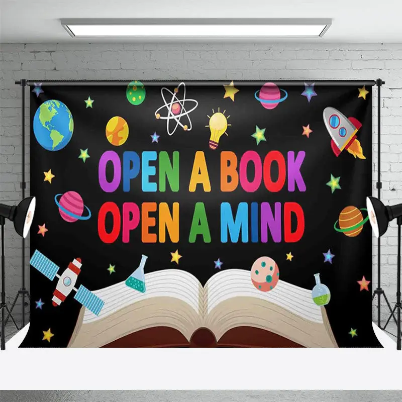 Open Book Open Mind Space World Book Day Backdrop - Aperturee