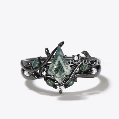 Kite Cut Natural Moss Agate Engagement Ring Leaf Nature Inspired Bridal Set