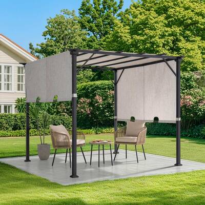 SUNJOY 9x9 Matte Black Steel Frame Pergola with Adjustable Canopy Roof - Light Gray